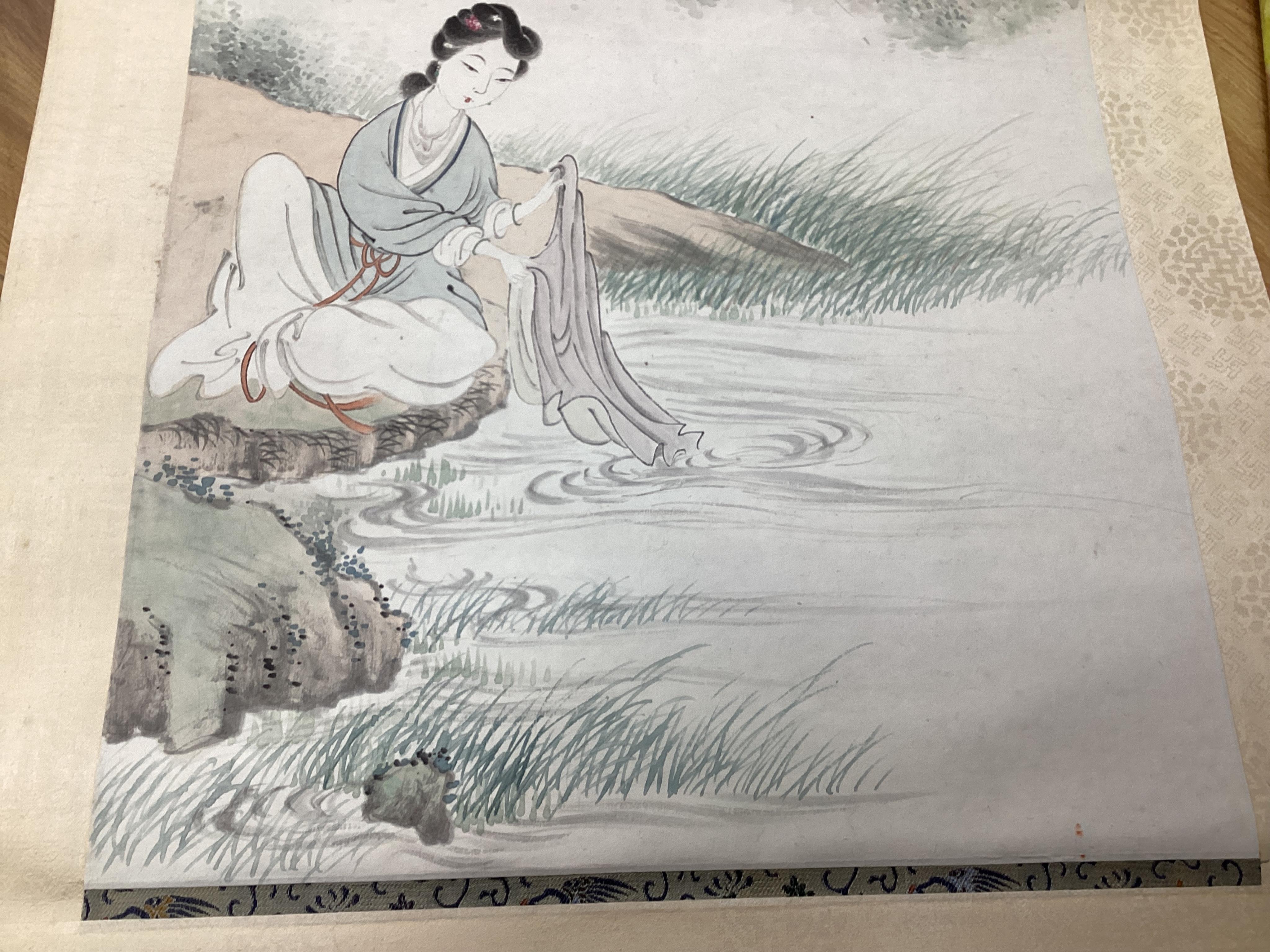 A set of four Chinese scroll paintings of ladies before landscapes, 48cm wide. Condition - fair